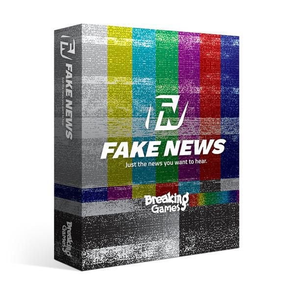 Breaking Games Fake News card game box with colorful vertical TV test pattern and static noise, featuring white logo and text 'Fake News Just the news you want to hear', a multiplayer kids and family card game focused on creating hilarious headlines.