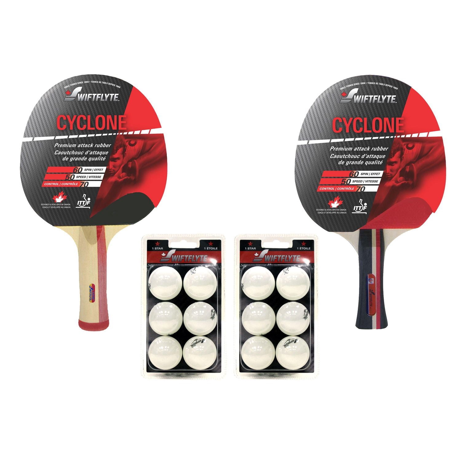 Swiftflyte Cyclone Table Tennis Racket Set, 14-Piece Ping Pong Paddle and Ball Set with 2 Wood Rackets and 12 Balls