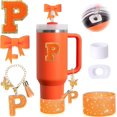 thumbnail image 1 of 6PCS Orange Stanley Cup Accessories Set Fit for Stanley Cup 30oz 40oz,Including Spill Proof Stopper,Sparkly Silicone Boot,Bow Shape Straw Topper,Personalized Sticker,Handle Charm (Letter P), 1 of 5