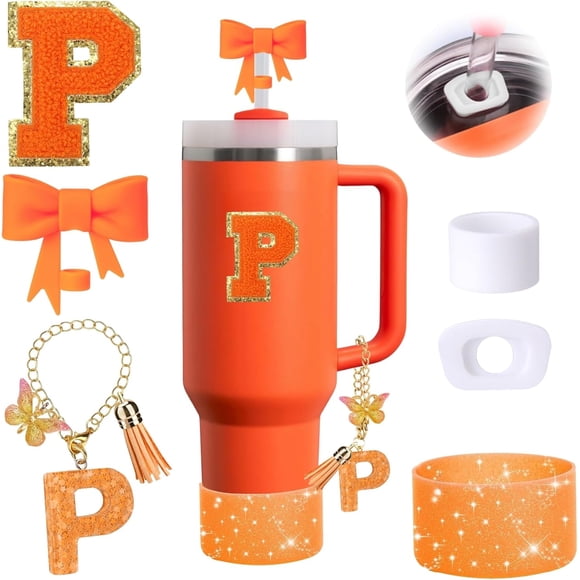 6PCS Orange Stanley Cup Accessories Set Fit for Stanley Cup 30oz 40oz,Including Spill Proof Stopper,Sparkly Silicone Boot,Bow Shape Straw Topper,Personalized Sticker,Handle Charm (Letter P)