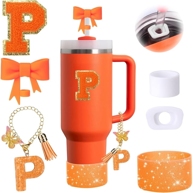 6PCS Orange Stanley Cup Accessories Set Fit for Stanley Cup 30oz 40oz,Including Spill Proof Stopper,Sparkly Silicone Boot,Bow Shape Straw Topper,Personalized Sticker,Handle Charm (Letter P)