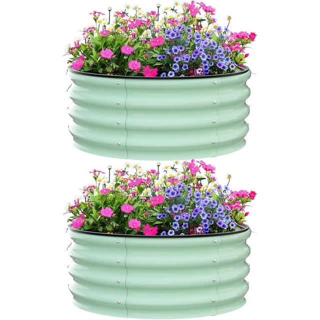 Round Raised Garden Beds – Set of 2 Galvanized Steel – 3x3x1FT – Open Bottom & Weather-Resistant – Anti-Rust – Vegetables, Flowers & Herbs- Olive Green