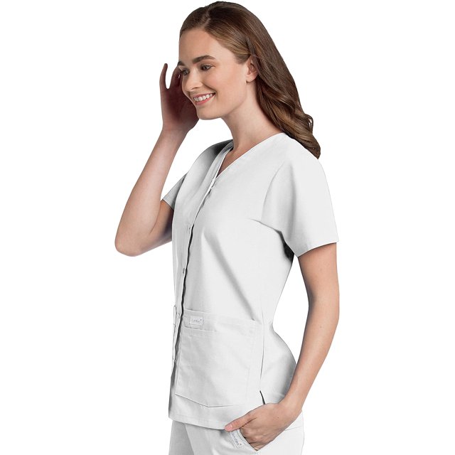 Landau Essentials Women's Snap Front Scrub Top, Classic Relaxed Fit, V-Neck, 4 Pockets
