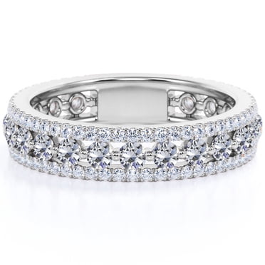 JeenMata Double Pavé - Moissanite Ronde Taille Brillant de 0,75 Carat - Bague d'Anniversaire Éternité - Placage Or Blanc 18K pour Femmes