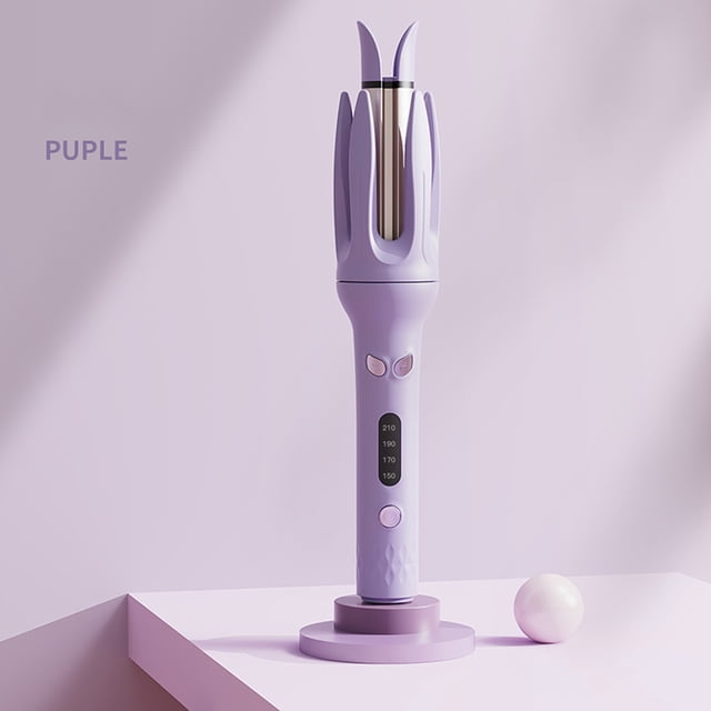 Genai Automatic Hair Curling Iron, a 28mm barrel hair styling tool with a modern purple design and four adjustable temperature settings displayed on the handle. This curling iron operates on 110V/220V power supply, includes a US plug, and is shown upright on a matching purple base in a minimalist setting.