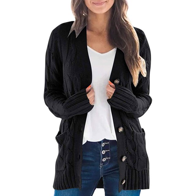 Manteau d'Automne en Maille à Manches Longues, Noir, XL