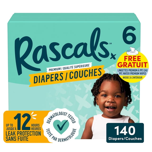 Couches Rascals Premium, taille 6, 140 unités, incluant 5 paquets de Lingettes premium à 99% eau