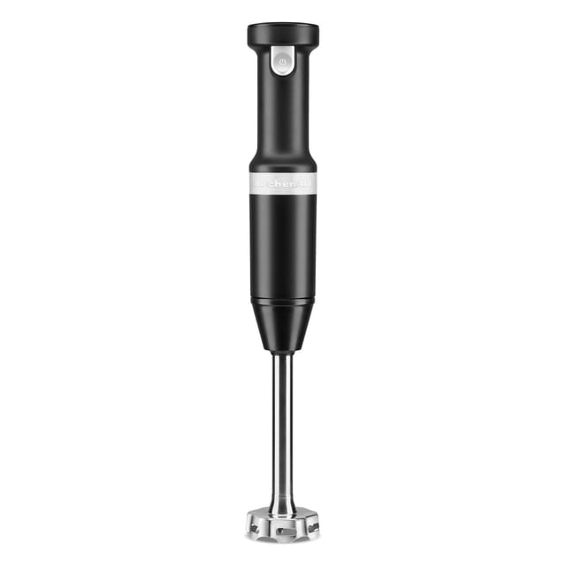 KitchenAid® Cordless Variable Speed Hand Blender in matte black with a silver logo band, featuring an ergonomic handle with power button and an 8-inch stainless steel blending arm with four-point blade and removable pan guard.