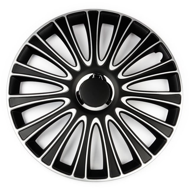 Alpena Enjoliveurs de Roue Le Mans 17 Pouces, Argent et Noir, Ensemble de 4, Vue Orientée vers l'Avant d'Un Enjoliveur Circulaire avec 20 Rayons Noirs Découpés en Argent, un Capot Central Noir Lisse et une Jante Argent Polie, Revêtement Transparent pour la Durabilité et Conçu avec un Anneau en Acier Ajustable pour un Ajustement Sécuritaire, Idéal pour Améliorer les Roues Automobiles.