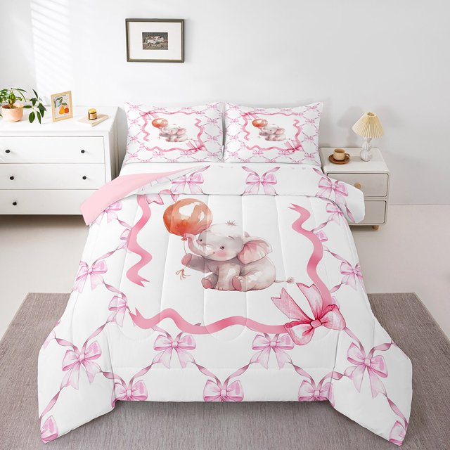 Erosebridal Ensemble de Literie Éléphant Mignon, Couette Complète, Nœud Papillon Rose, Décor Étoile Ballon, Réversible