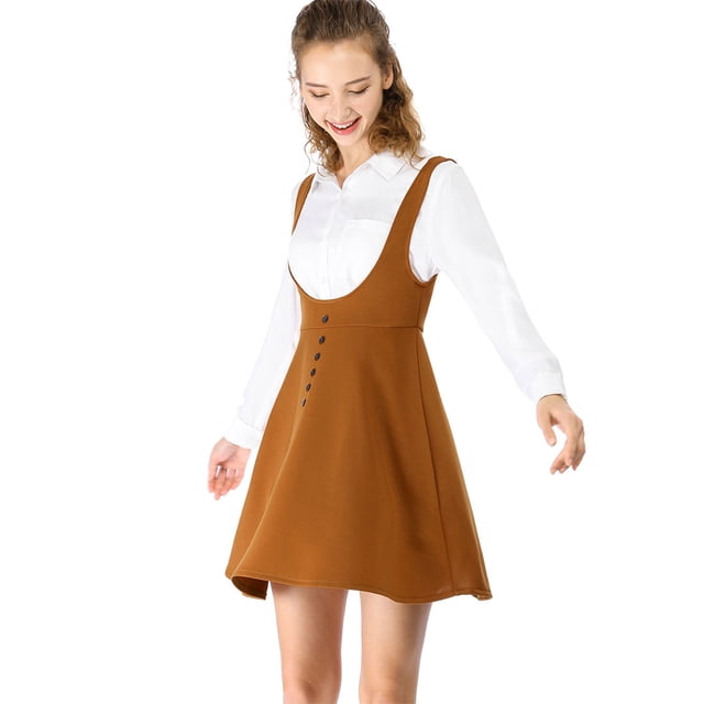Unique Bargains Women's Button Decor Flared Hem Suspender Skirt, Brown, XX-Large
