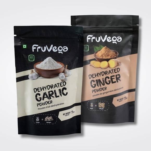Fruvega Ginger & Garlic Powder Duo – 100% Natural, Instant Ginger Garlic Paste, Authentic Flavour, Long Shelf Life, 75g x 2 pack