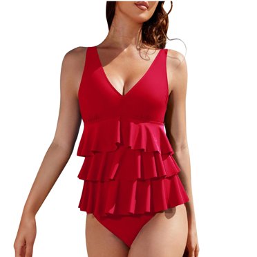 Women's Ruffle Tankini Swim Suits High Waist Flounce Swimwear Tummy Control 2 Piece Bathing Suits for Curvy Women Red, L