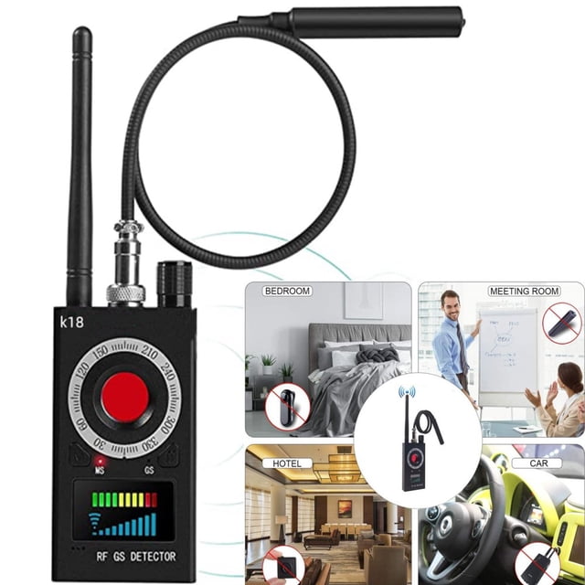 PENGXIANG RF Detector & Camera Finder Anti Spy Hidden Camera Detectors Bug Sweeper GPS Audio Spy Scanner Radio Wireless Signal Electronic. The device features a compact black design with a red central dial, LED signal indicators, and an adjustable antenna. It is designed for detecting radio waves, magnetic fields, and hidden wired or wireless cameras, as well as GPS locators and SIM card bugs. The image also shows its use in various settings such as bedrooms, meeting rooms, hotels, and cars, highlighting its versatility in protecting privacy.