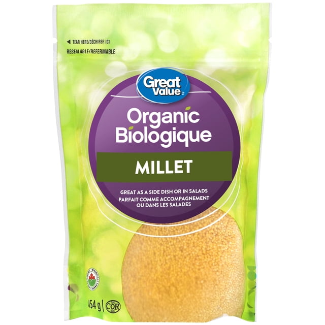 Great Value Organic Millet in a resealable green pouch with a purple label, containing small yellow millet seeds, certified organic and kosher, ideal as a side dish or in salads, 454 g package made in Canada, often used as a rice substitute in various meals.