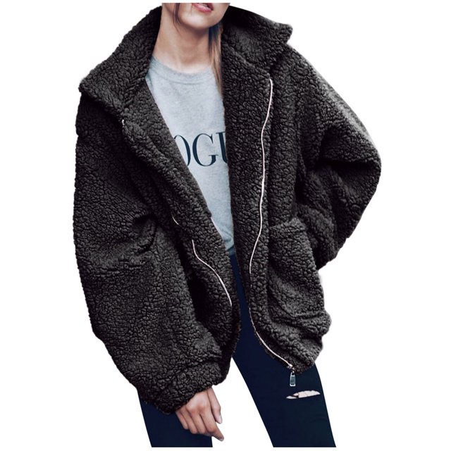 Ladies Loose Plush Long Sleeve Zipper Pullover Pocket Color Sweater Coat