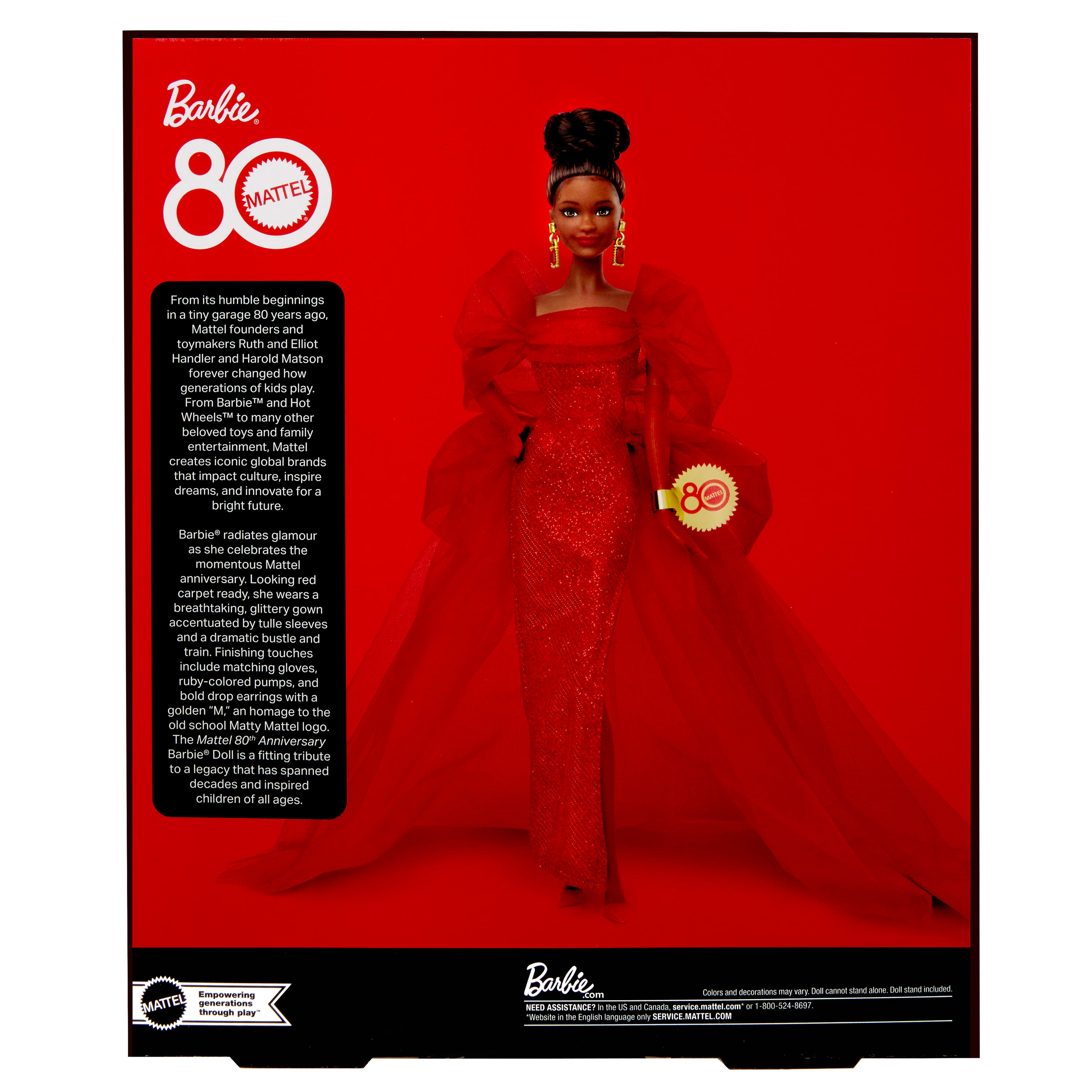 Poupée de collection BarbieSignature pour le 80eanniversaire de Mattel, robe rouge en tulle scintillant, cheveux bruns