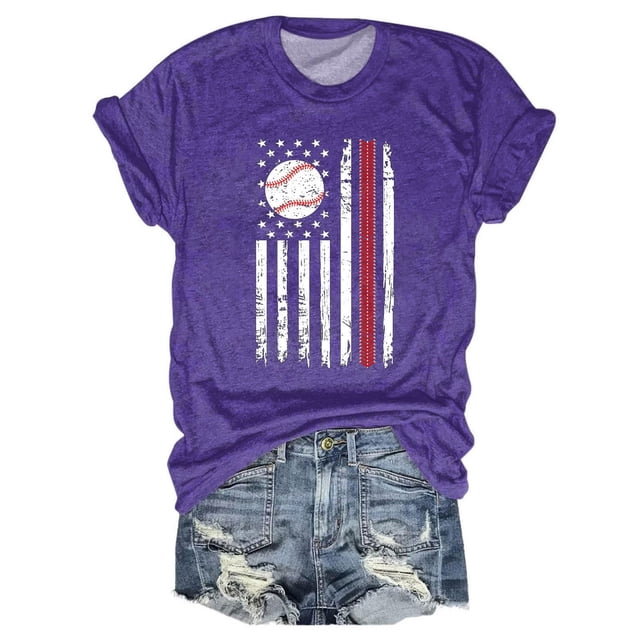 Hauts d'Été pour Femmes, 2024 Blouses Décontractées Chic pour l'Entraînement T-Shirts T-Shirts de Baseball pour Femmes à Imprimé Col Rond Multicolore Multi Tailles Été Manches Courtes Violet