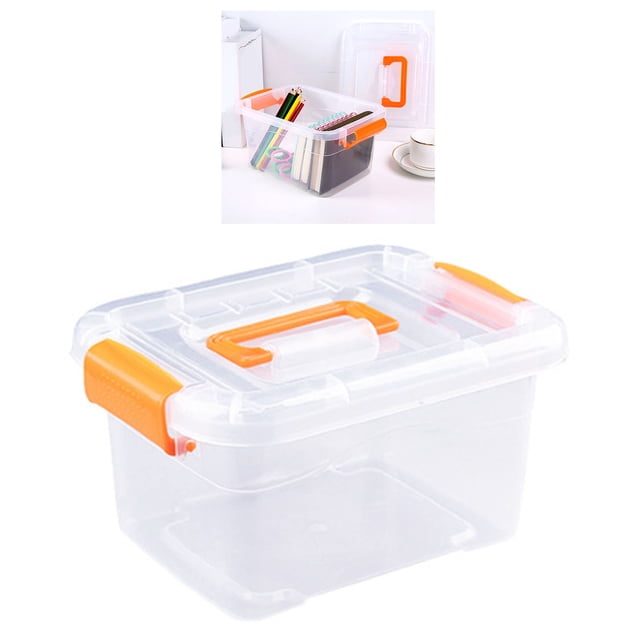 Plastic Storage Bin Clear Latching Buckles Portable Container Heavy Duty Box for Home Organization. This clear plastic storage box features a transparent design for easy visibility of contents, orange latching buckles for secure closure, and a sturdy handle for portability. Ideal for organizing toys, clothes, snacks, or office supplies.