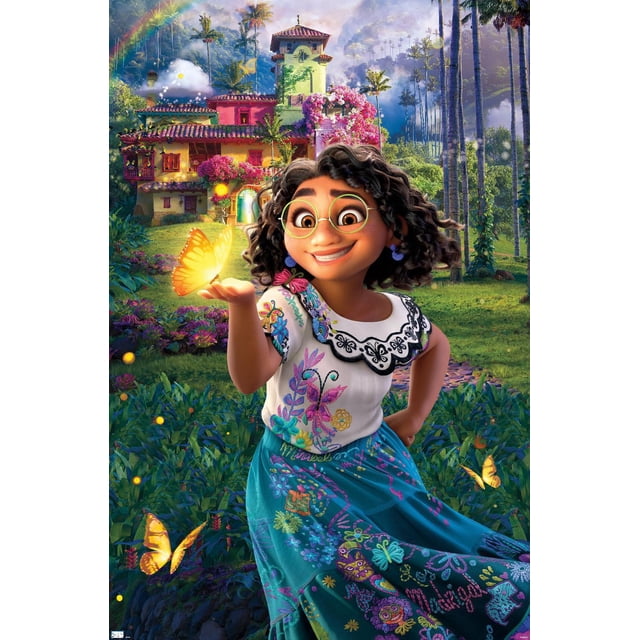Disney Encanto - Affiche Murale d'Une Feuille Montrant une Jeune Fille aux Cheveux Bouclés et Foncés Portant une blouse Blanche avec un Col Brodé Noir et une Jupe Bleue Ornée de Broderies Florales Colorées et de Personnages, Tenant un Papillon Jaune Lumineux dans Sa Main, Debout dans un Jardin Luxuriant avec des Fleurs et une Verdure Vibrantes, avec une Maison Colorée à Plusieurs Étages Recouverte de Fleurs Roses et de Grands Palmiers en Arrière-Plan sous un Ciel Partiellement Nuageux.