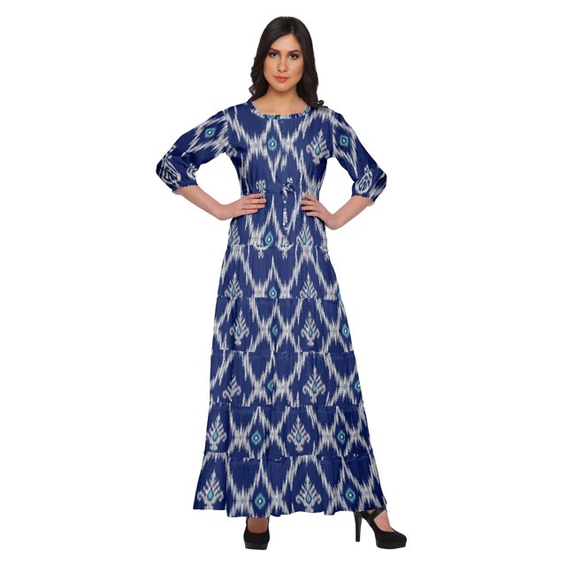 Moomaya Printed Round Neck 3/4 Sleeve Long Maxi Dress With Drawstring Waist