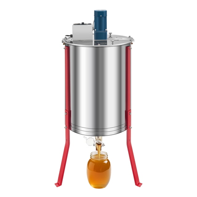 VEVOR Extracteur de Miel Électrique à 6 Cadres pour Apiculture, Tourne-Abeilles en Acier Inoxydable, Conçu pour l'Apiculture à Petite Échelle. Comprend une base Trépied Renforcée avec des Pieds en Acier au Carbone Enduit de Poudre Rouge, un Fond Conique pour un Écoulement de Miel Efficace et un Couvercle transparent Résistant aux Impacts. La Conception à Hauteur Réglable Améliore le Confort des Utilisateurs. le Miel Est Montré s'Écoule dans un Pot à Travers le drain à Miel en Plastique, Ce Qui en Fait un Outil d'Extraction de Miel Idéal pour les Passionnés