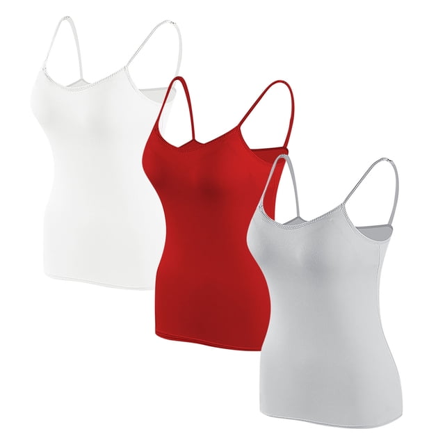 Timegard Camisoles pour Femmes 3 Pcs avec Soutien-Gorge Intégré Col Rond Bretelles Spaghetti Ajustées Douces Maillots de Corps Décontractés Hauts de Pyjama