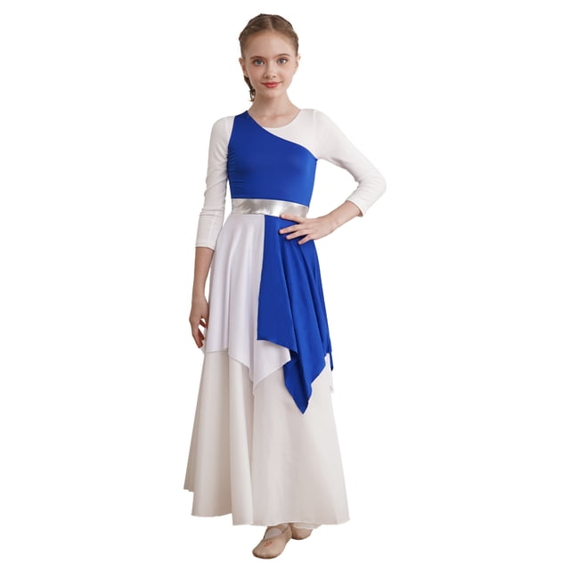 Jhaoyu Robe de Danse Asymétrique pour Filles Enfants, Robe de Prière Liturgique à Blocs de Couleur Bleue 6