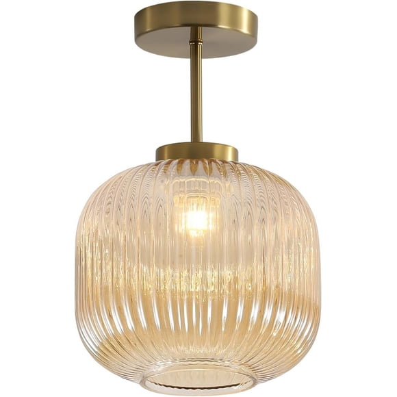 KCO Lighting Amber Glass Ceiling Lamp Mid Century Modern Ceiling Lights Gold Brass Semi Flush Mount Ceiling Light