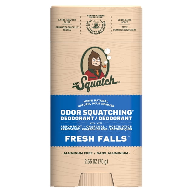 Dr. Squatch Natural Men's Deodorant Fresh Falls 2.65 oz stick with odor-squatching formula featuring arrowroot powder, charcoal, and postbiotics for all-day freshness and moisture absorption, aluminum-free, in beige packaging with blue label and Sasquatch logo.