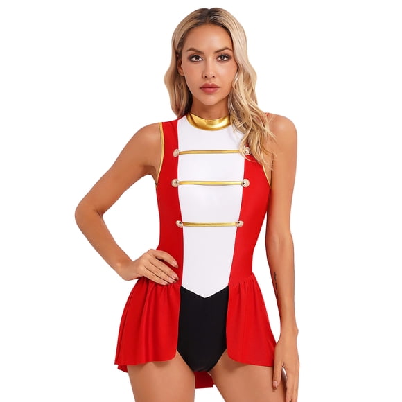 YiZYiF Women's Ringmaster Cosplay Costumes Adults Halloween Circus Showman Leotards Costumes Dance Bodysuits Red 3XL