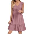 thumbnail image 1 of Yuyuzo Robes d'Été pour Femmes Sans Manches à Col en V Mini Robe T-Shirt Plissée à Volants Fluide Plage Vacances Robes d'Été, 1 of 6