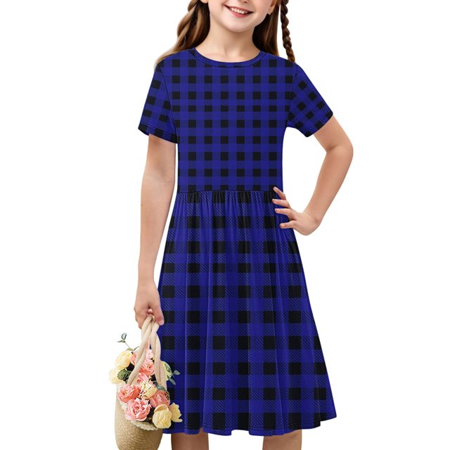 Liquidation d'Économies d'Été Iumwxz Robe Décontractée Trapèze Robe Tunique pour Adolescentes Robe Col Rond Imprimé à Carreaux Manches Courtes Robes pour Filles Coupe Ample Robe pour les Vacances 4-14a