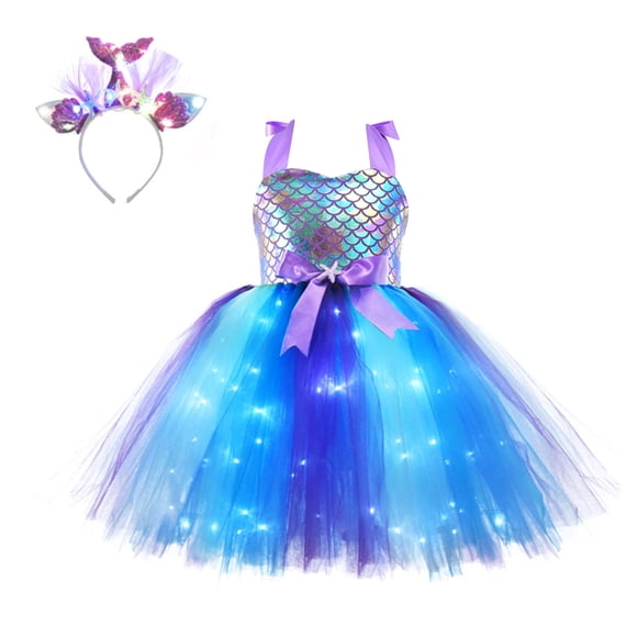 Girls Mermaid Costume LED Light Up Tutu Dress Up Mermaid Gifts Princess Dress for Halloween Birthday Gift 2-10Years