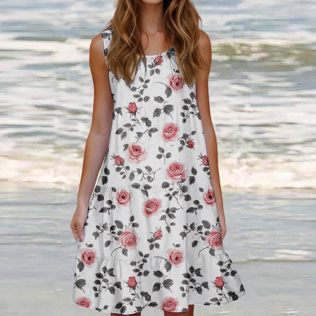 Ovzne Robes d'Été pour Femmes 2025 Robe Mode Féminine Vacances Été Couleur Unie Sans Manches Fête Plage Robe Grande Taille Robe Imprimée Liquidation