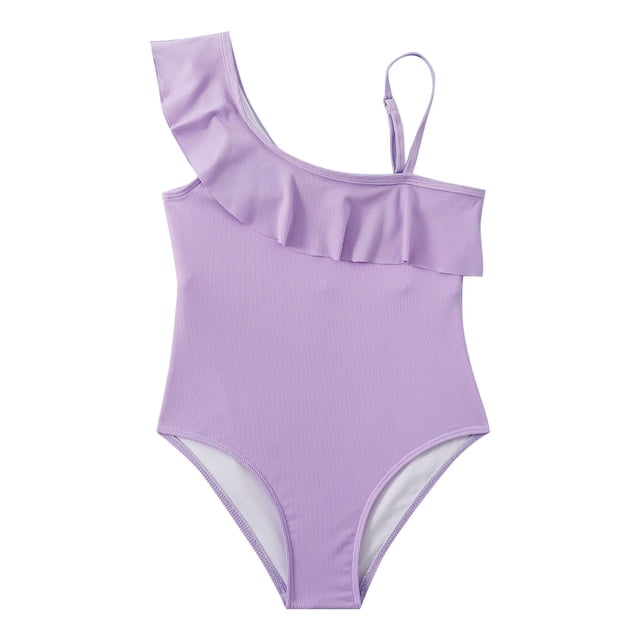 Sunnyoo Big Girls One-Piece Swimsuit Ruffle One Shoulder Bathing Suit Kids Swimwear