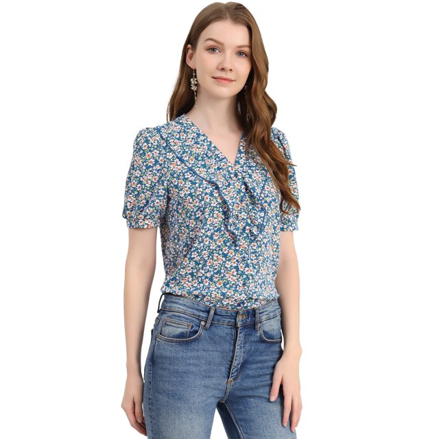 Unique Bargains Blouse à Manches Courtes Bouffantes à Boutons Imprimé Floral pour Femmes
