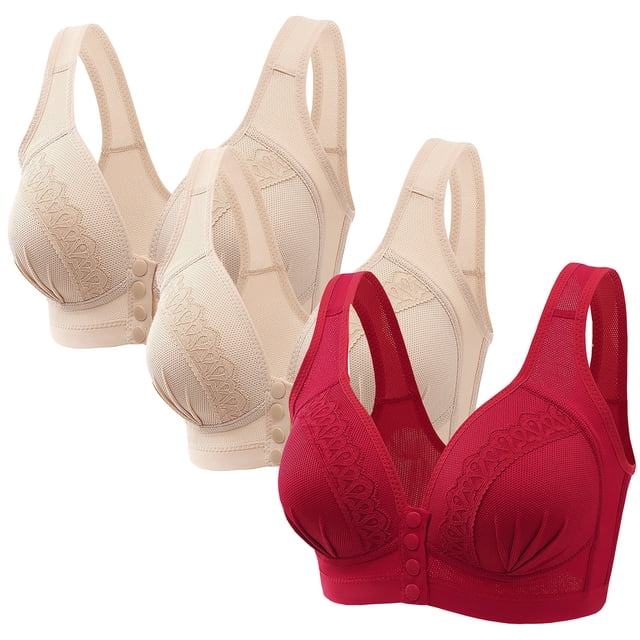 Bras for Women Comfortable Clearance 3pc Ladies Comfortable Convenient Front Button Bra Breathable Easy Close Everyday Bra Plus Size Seamless Bralettes Bralettes for Women Padded New Red L