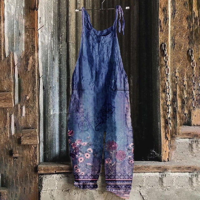 LOVZFMLL Combinaison pour Femme, Imprimée d'Été Sans Manches, Dos Nu, Ample, Longue, Bleu Foncé, m