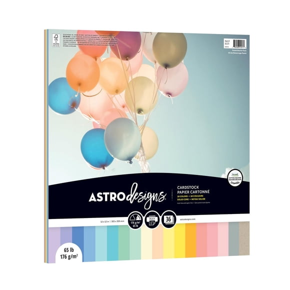 Astrodesigns Pastel Colored Cardstock Paper Pack, 12 in x 12 in, 65 lb, 36 Sheets