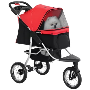 PawHut Luxury Pet Stroller Lightweight Dog Cat Travel Carriage with 3-Rubber Wheels, One-click Folding Design, Adjustable Canopy, Zippered Mesh Window Door, Red