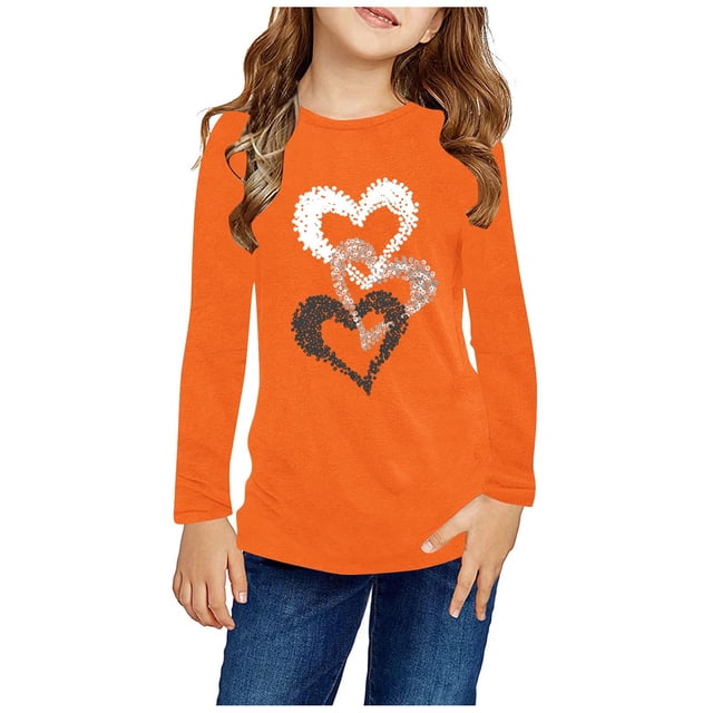 RXIRUCGD Chemises à Manches Longues pour Filles, Col Rond Mignon, Blouses Décontractées Élégantes (Orange, Taille : 7 Ans)