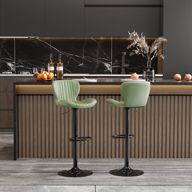 Walsunny Adjustable Bar Stools Set of 2 Leather Upholstered Swivel Counter Stools Counter Height Bar Stools with Large Base, Room Bar, Green