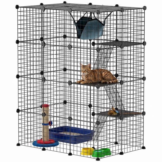 PawHut Cage pour Chat à 4 Niveaux, Parc pour Animaux Bricolage avec Hamac, Plateformes, Rampes