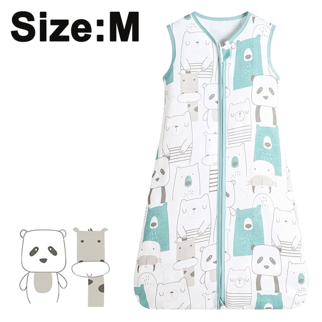 Couverture Portable pour Bébé Sac de Couchage en Coton Unisexe Sans Manches en Taille m, avec une base Blanche et des Imprimés d'Animaux Ludiques en Sarcelle et Gris. Faite de Mousseline de Coton Respirante, Elle Comprend une Fermeture Éclair Bidirectionnelle pour des Changements de Couche Faciles et une Housse Protectrice pour Empêcher les Rayures. Conçue pour l'Été, Ce Sac de Couchage Sans Manches Permet un Mouvement Libre des Bras et un Développement Approprié des Hanches. Convient aux Bébés de 12 à 24 Mois.
