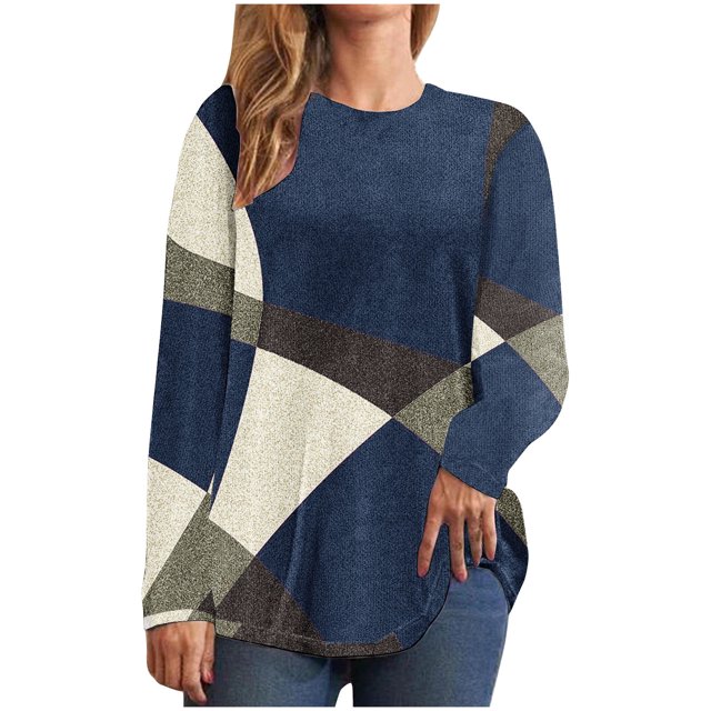 FAIWAD Women's Long Sleeve Tunic Tops Round Neck Color Block Plus Size Comfy Pullover Tops