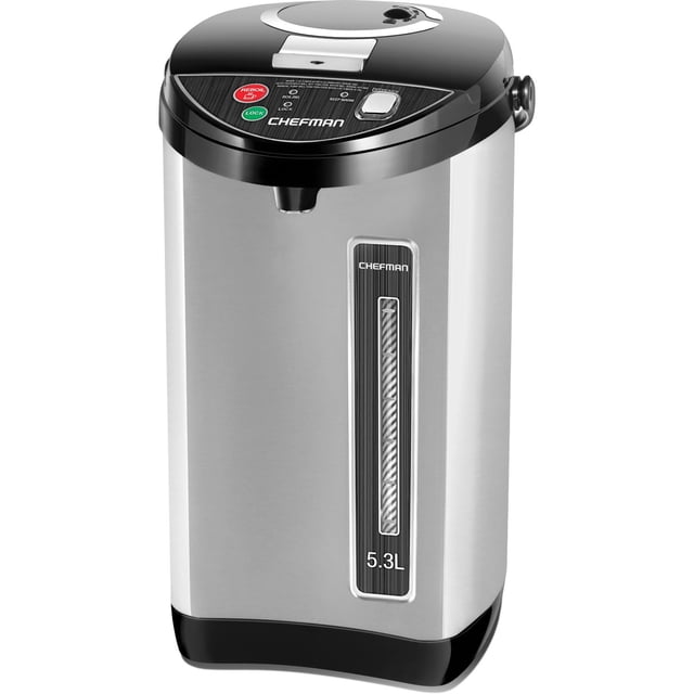 Chefman 5.3 Liter Electric Hot Water Pot with Safety Lock in stainless steel with black accents, featuring a water level gauge, three dispense buttons including auto and manual, locking lid, and 360-degree rotating base for easy hot water access.