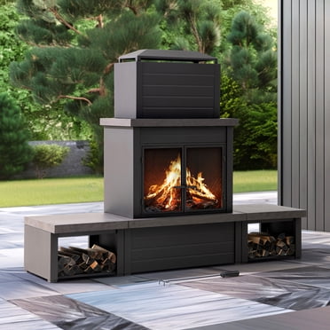 SUNJOY Foyer extérieur moderne à bois en acier de 76 po avec cheminée, 2 porte-bûches latéraux, portes grillagées verrouillables, bac à cendres amovible, tisonnier et housse en PVC, brun
