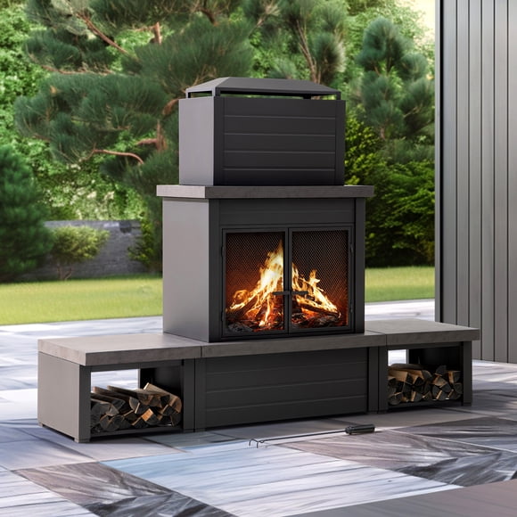 SUNJOY Foyer extérieur moderne à bois en acier de 76 po avec cheminée, 2 porte-bûches latéraux, portes grillagées verrouillables, bac à cendres amovible, tisonnier et housse en PVC, brun