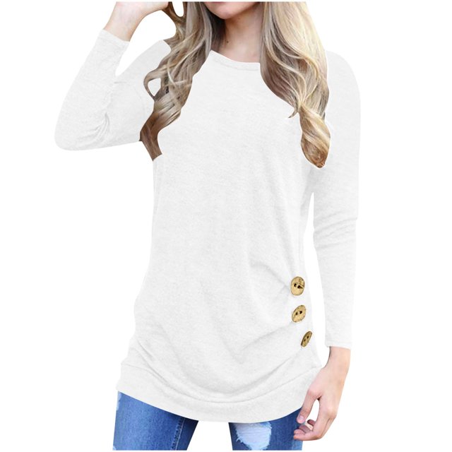 Timegard Womens Tops Crewneck Long Sleeve Button Solid Color Comfy Blouse Fall Dressy Casual Tunic Tops